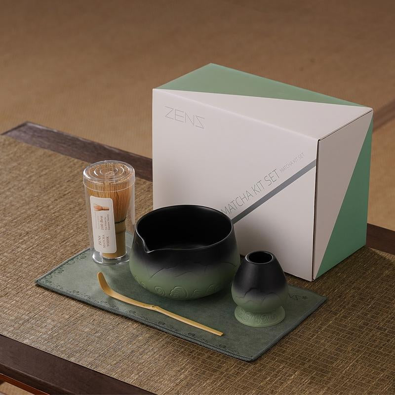 ZENS Sea Waves Matcha Whisk Set of (5/6/7)Pcs – Japanese-Inspired Matcha Kit with Wave-Pattern Ceramic Bowl, 15 Oz Bamboo Whisk & Accessories – Elegant Gift Set for Matcha Lovers Tea