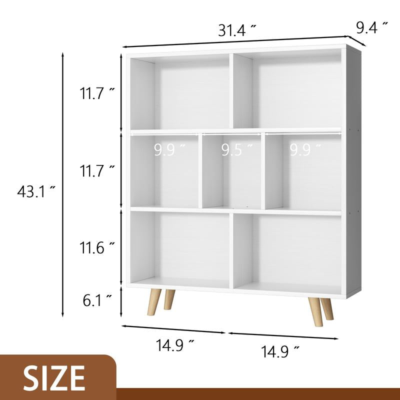 Walsunny Wooden Open Shelf Bookcase, 3 Tiers & 7 Cubes Book Shelf with Legs, Storage Organizer Shelves, Display Cabinet for Bedroom, Office, White