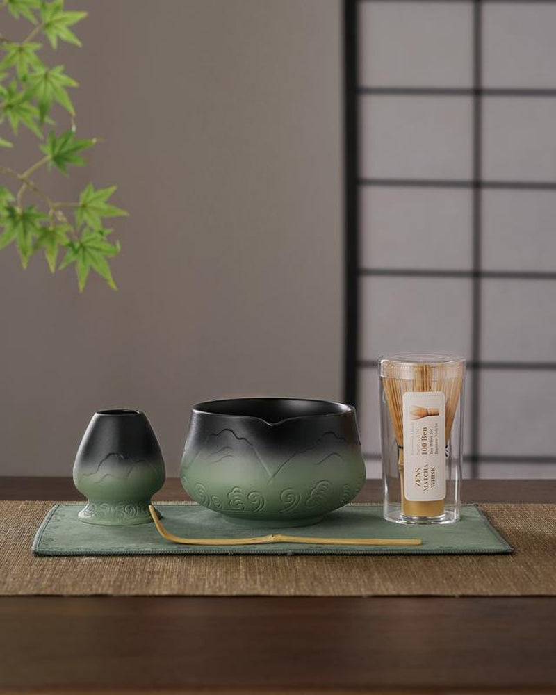 ZENS Sea Waves Matcha Whisk Set of (5/6/7)Pcs – Japanese-Inspired Matcha Kit with Wave-Pattern Ceramic Bowl, 15 Oz Bamboo Whisk & Accessories – Elegant Gift Set for Matcha Lovers Tea