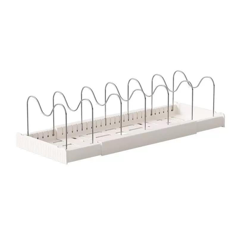 【Tik Tok Top Seller】Expandable Pot and Pan Organizer Rack for Cabinet, Pot Lid Organizer Holder With7 Stainless Steel Adjustable Dividers for Kitchen Cabinet Organizer and Storage , Ideal for Baking Pans,(White, Grey)Foldable Design,Gifts for Mom