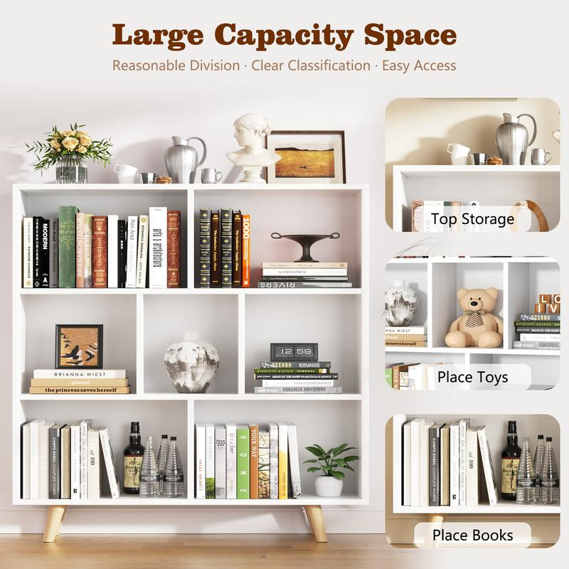 Walsunny Wooden Open Shelf Bookcase, 3 Tiers & 7 Cubes Book Shelf with Legs, Storage Organizer Shelves, Display Cabinet for Bedroom, Office, White