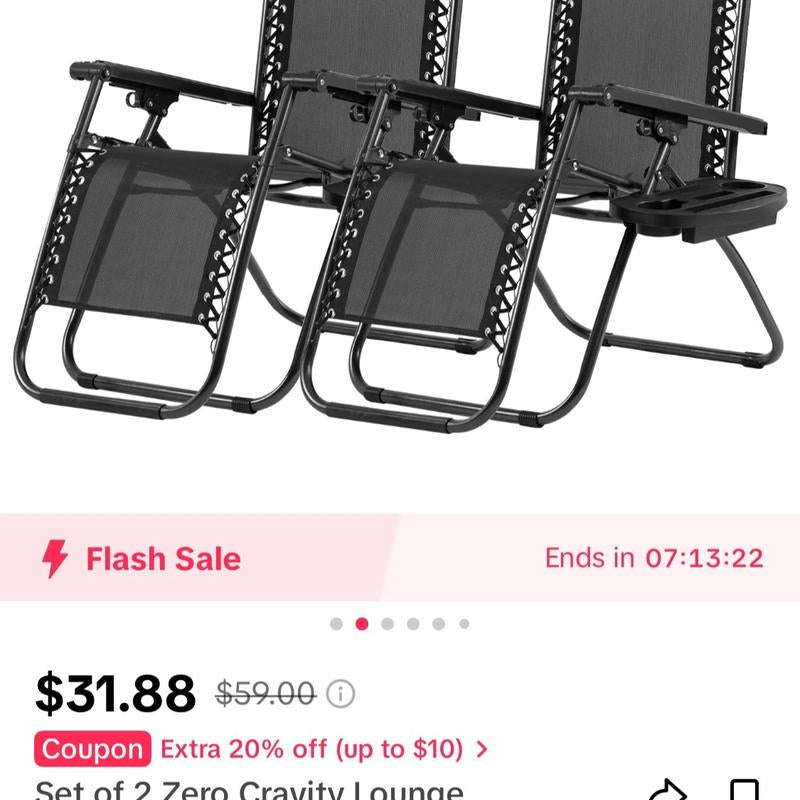 Set of 2 Zero Gravity Lounge Chairs with Pillow and Cup Holder for Outdoor Patio, Pool, and Beach - Black by Patio Adirondack Chair Furniture