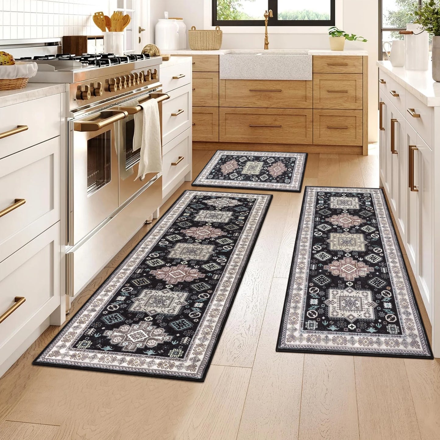3 Pieces Boho Kitchen Rug Sets Non Slip Soft Kitchen Mat Floor Mat for Kitchen, Laundry Room and Hallway