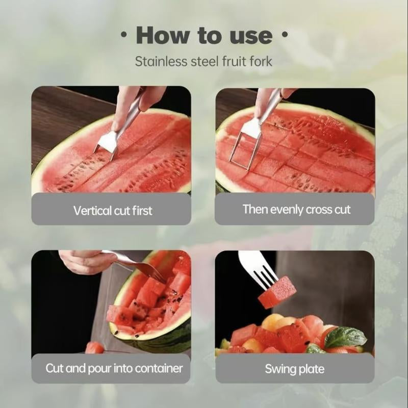 【2 Pack】Watermelon Fork Slicer Cutter Slicer Tool, 2-In-1 Stainless Steel Fruit Cutter, Dual Head Fruit Forks Slicer Knife with round Handle Fruit Cutting Kitchen Utensils