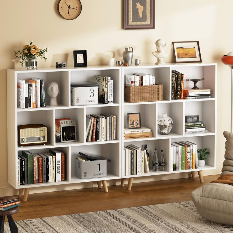 Walsunny Wooden Open Shelf Bookcase, 3 Tiers & 7 Cubes Book Shelf with Legs, Storage Organizer Shelves, Display Cabinet for Bedroom, Office, White