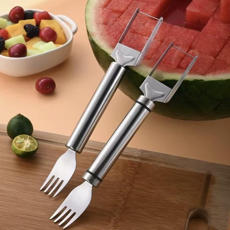 【2 Pack】Watermelon Fork Slicer Cutter Slicer Tool, 2-In-1 Stainless Steel Fruit Cutter, Dual Head Fruit Forks Slicer Knife with round Handle Fruit Cutting Kitchen Utensils
