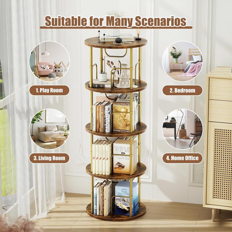 Flycity Rotating Bookshelf,3 Tier -5 Tier Spinning Bookshelf Tower,360° Display Unique round Bookcase,Floor Standing Corner Revolving Bookshelf Storage Organizer for Home Study Office Furniture Living Room