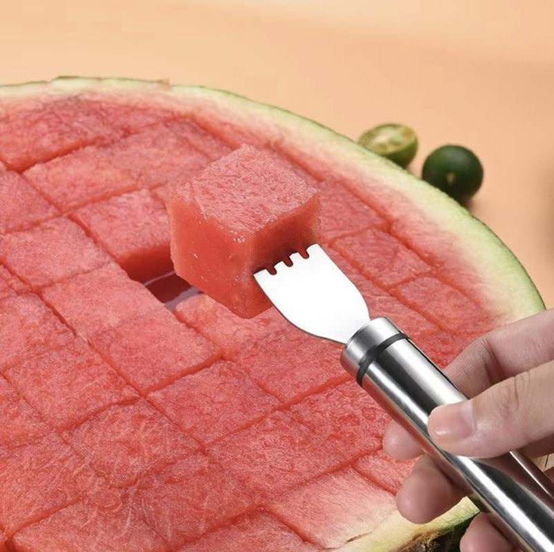 【2 Pack】Watermelon Fork Slicer Cutter Slicer Tool, 2-In-1 Stainless Steel Fruit Cutter, Dual Head Fruit Forks Slicer Knife with round Handle Fruit Cutting Kitchen Utensils
