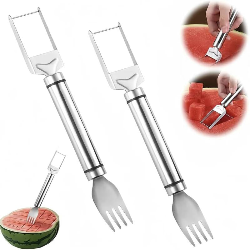 【2 Pack】Watermelon Fork Slicer Cutter Slicer Tool, 2-In-1 Stainless Steel Fruit Cutter, Dual Head Fruit Forks Slicer Knife with round Handle Fruit Cutting Kitchen Utensils