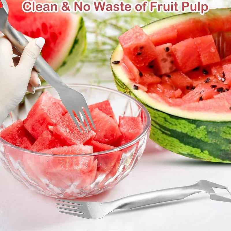 【2 Pack】Watermelon Fork Slicer Cutter Slicer Tool, 2-In-1 Stainless Steel Fruit Cutter, Dual Head Fruit Forks Slicer Knife with round Handle Fruit Cutting Kitchen Utensils