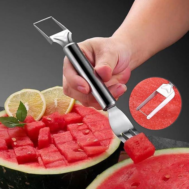 【2 Pack】Watermelon Fork Slicer Cutter Slicer Tool, 2-In-1 Stainless Steel Fruit Cutter, Dual Head Fruit Forks Slicer Knife with round Handle Fruit Cutting Kitchen Utensils