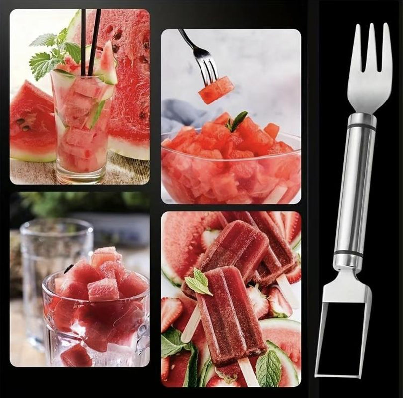 【2 Pack】Watermelon Fork Slicer Cutter Slicer Tool, 2-In-1 Stainless Steel Fruit Cutter, Dual Head Fruit Forks Slicer Knife with round Handle Fruit Cutting Kitchen Utensils