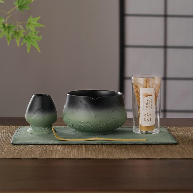 ZENS Sea Waves Matcha Whisk Set of (5/6/7)Pcs – Japanese-Inspired Matcha Kit with Wave-Pattern Ceramic Bowl, 15 Oz Bamboo Whisk & Accessories – Elegant Gift Set for Matcha Lovers Tea
