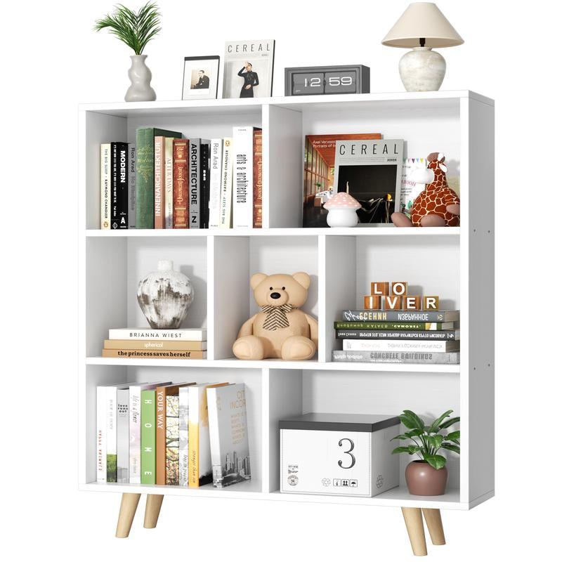 Walsunny Wooden Open Shelf Bookcase, 3 Tiers & 7 Cubes Book Shelf with Legs, Storage Organizer Shelves, Display Cabinet for Bedroom, Office, White