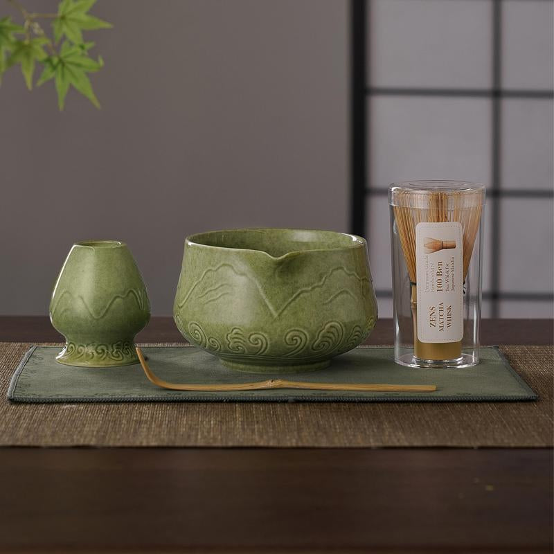 ZENS Sea Waves Matcha Whisk Set of (5/6/7)Pcs – Japanese-Inspired Matcha Kit with Wave-Pattern Ceramic Bowl, 15 Oz Bamboo Whisk & Accessories – Elegant Gift Set for Matcha Lovers Tea