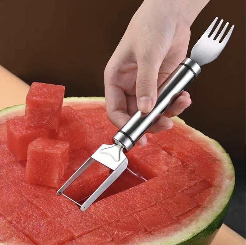 【2 Pack】Watermelon Fork Slicer Cutter Slicer Tool, 2-In-1 Stainless Steel Fruit Cutter, Dual Head Fruit Forks Slicer Knife with round Handle Fruit Cutting Kitchen Utensils