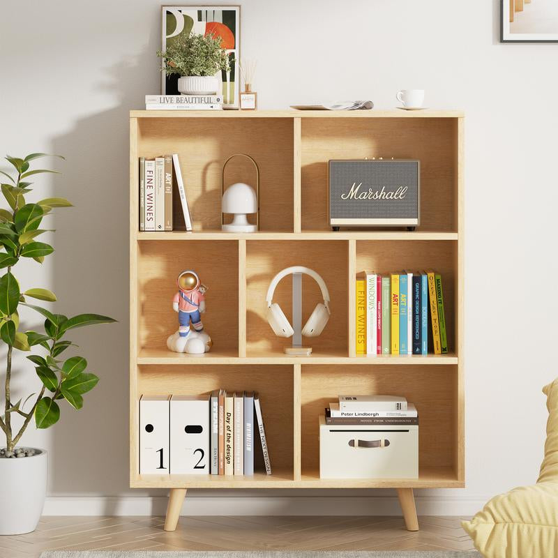 Walsunny Wooden Open Shelf Bookcase, 3 Tiers & 7 Cubes Book Shelf with Legs, Storage Organizer Shelves, Display Cabinet for Bedroom, Office, White