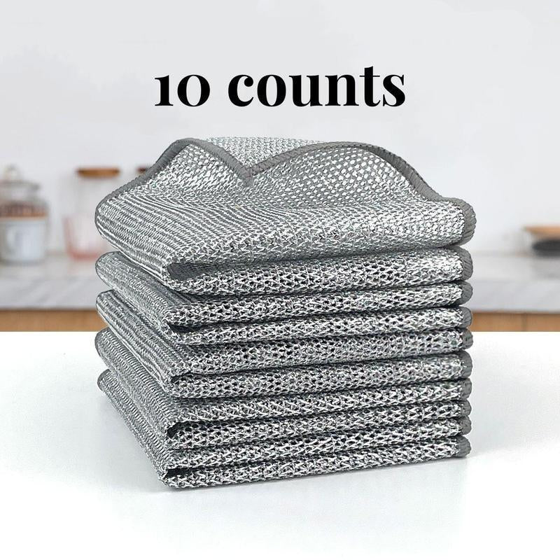 10 Counts Dishwashing Rags,Multipurpose Non-Scratch Wire Dishcloths for Wet and Dry Use, Reusable Wire Cleaning Cloths for Kitchen, Sinks, and Pans Silver Removable, Washable & More