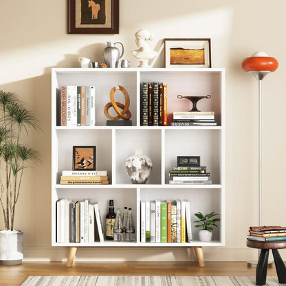 Walsunny Wooden Open Shelf Bookcase, 3 Tiers & 7 Cubes Book Shelf with Legs, Storage Organizer Shelves, Display Cabinet for Bedroom, Office, White