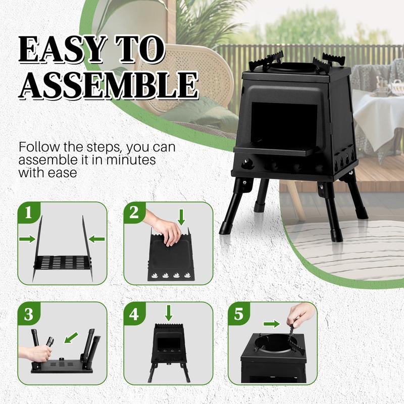 【Outdoorfun】Wood Burning Camp Stove, Portable Camping Wood Stove, Black Woodstove with Carrying Case for Backpacking Outdoor Cooking