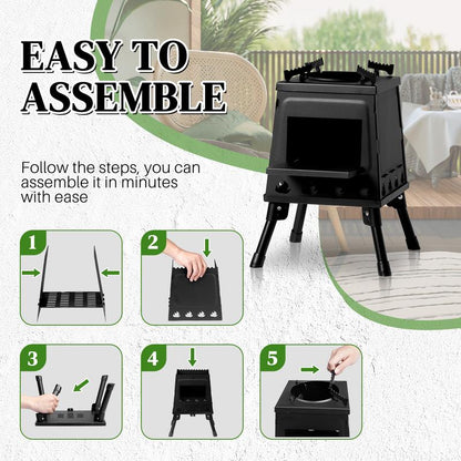 【Outdoorfun】Wood Burning Camp Stove, Portable Camping Wood Stove, Black Woodstove with Carrying Case for Backpacking Outdoor Cooking