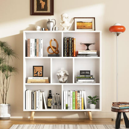 Walsunny Wooden Open Shelf Bookcase, 3 Tiers & 7 Cubes Book Shelf with Legs, Storage Organizer Shelves, Display Cabinet for Bedroom, Office, White