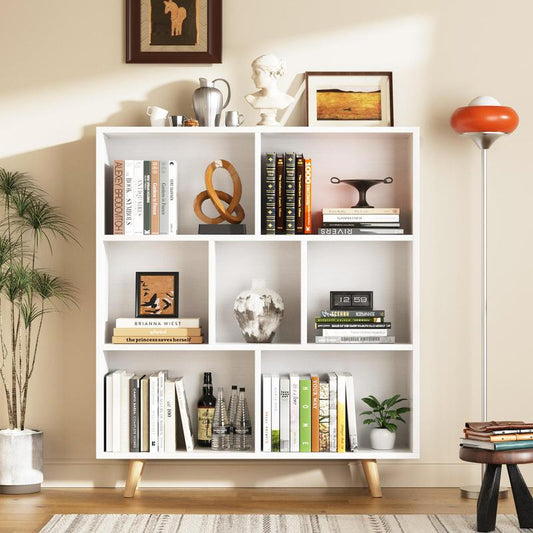 Walsunny Wooden Open Shelf Bookcase, 3 Tiers & 7 Cubes Book Shelf with Legs, Storage Organizer Shelves, Display Cabinet for Bedroom, Office, White