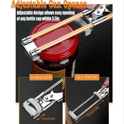 Adjustable Stainless Steel Can Opener, Upgraded Bottle Opener Extension with Non-Slip Pad, Can Opener for Weak Hands, Extended Hand Can Opener for Any Size Lid (1 Piece, 9 Inch) Utensils Kitchen