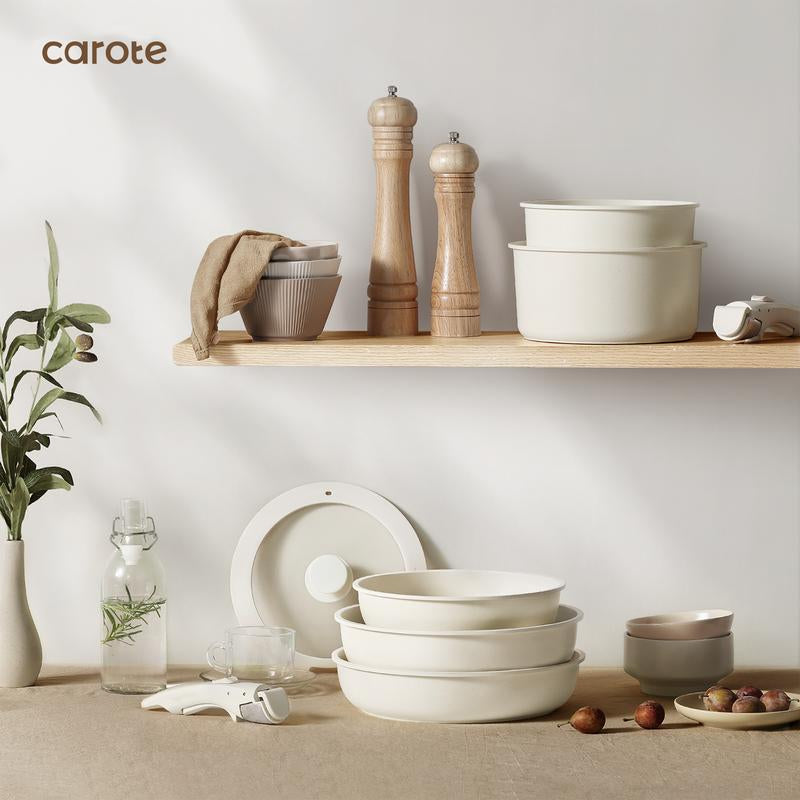 【Clearance-The Last Chance】 CAROTE 11/18Pcs Detachable Handle Nonstick Cookware Set, White/Black/Red, Pots and Pans, Oven Safe Frying Pan
