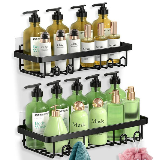 Shower Caddy Shelf Organizer Rack, Self Adhesive Black Bathroom Shelves Basket, Home Farmhouse Wall Shower inside Organization and Storage Decor, Home Items Accessories, Moforoco Hanging Kitchen&Skincare&Cosmetic Organisers, Hollow Bathroom Rack Shelf