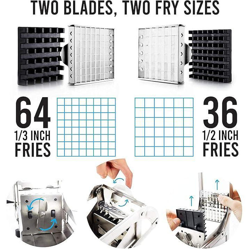 Stainless Steel French Fry Cutter with 2 Blades, 1 Box Manual Potato Cutter with Suction Cup Base, Vegetable Cutter, Kitchen Cutting Utensils & Gadgets, Kitchen Accessories