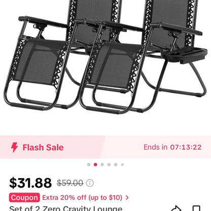 Set of 2 Zero Gravity Lounge Chairs with Pillow and Cup Holder for Outdoor Patio, Pool, and Beach - Black by Patio Adirondack Chair Furniture