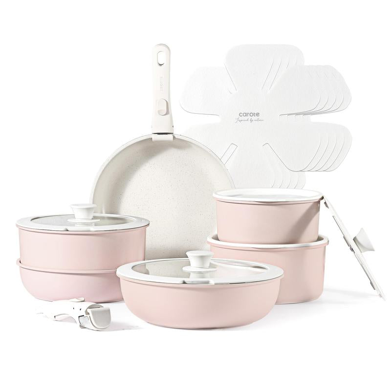 【Clearance-The Last Chance】 CAROTE 11/18Pcs Detachable Handle Nonstick Cookware Set, White/Black/Red, Pots and Pans, Oven Safe Frying Pan