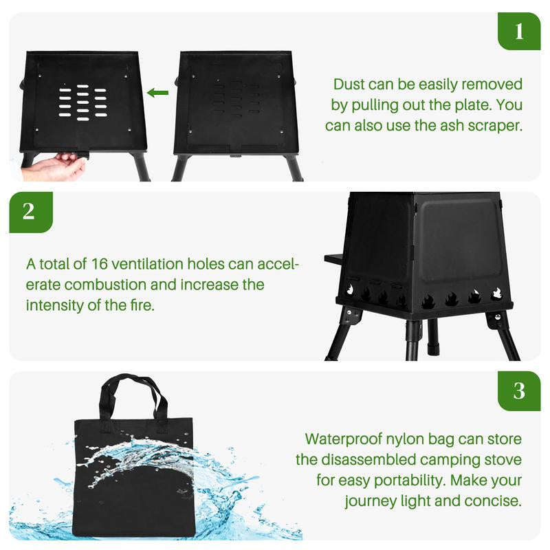 【Outdoorfun】Wood Burning Camp Stove, Portable Camping Wood Stove, Black Woodstove with Carrying Case for Backpacking Outdoor Cooking