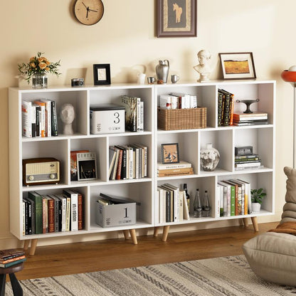 Walsunny Wooden Open Shelf Bookcase, 3 Tiers & 7 Cubes Book Shelf with Legs, Storage Organizer Shelves, Display Cabinet for Bedroom, Office, White