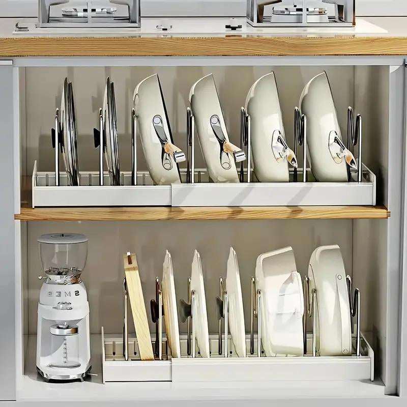 【Tik Tok Top Seller】Expandable Pot and Pan Organizer Rack for Cabinet, Pot Lid Organizer Holder With7 Stainless Steel Adjustable Dividers for Kitchen Cabinet Organizer and Storage , Ideal for Baking Pans,(White, Grey)Foldable Design,Gifts for Mom
