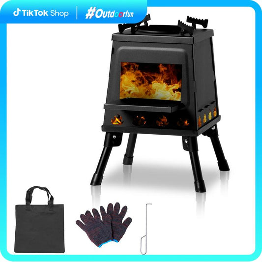 【Outdoorfun】Wood Burning Camp Stove, Portable Camping Wood Stove, Black Woodstove with Carrying Case for Backpacking Outdoor Cooking