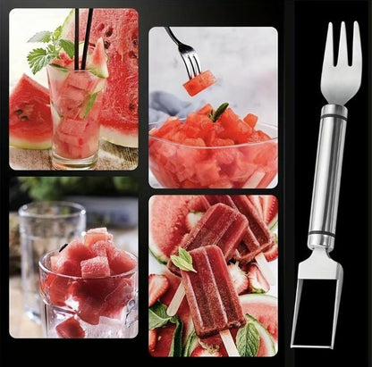 【2 Pack】Watermelon Fork Slicer Cutter Slicer Tool, 2-In-1 Stainless Steel Fruit Cutter, Dual Head Fruit Forks Slicer Knife with round Handle Fruit Cutting Kitchen Utensils
