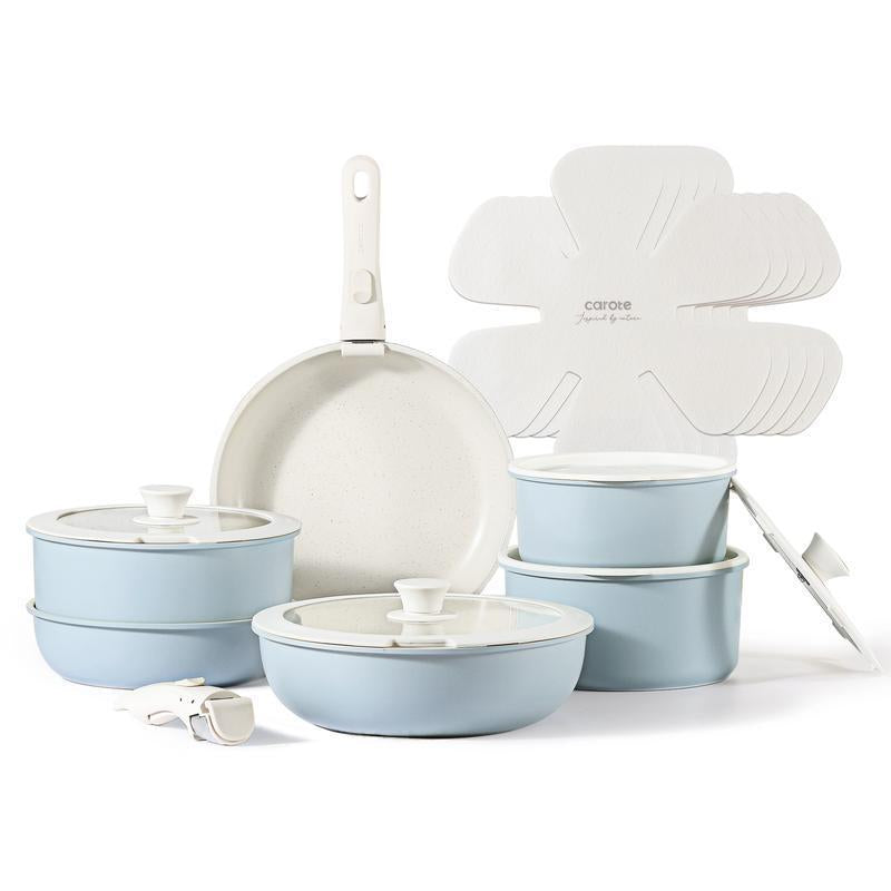 【Clearance-The Last Chance】 CAROTE 11/18Pcs Detachable Handle Nonstick Cookware Set, White/Black/Red, Pots and Pans, Oven Safe Frying Pan