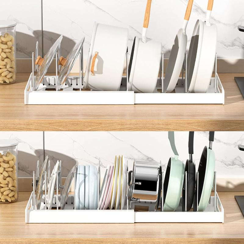 【Tik Tok Top Seller】Expandable Pot and Pan Organizer Rack for Cabinet, Pot Lid Organizer Holder With7 Stainless Steel Adjustable Dividers for Kitchen Cabinet Organizer and Storage , Ideal for Baking Pans,(White, Grey)Foldable Design,Gifts for Mom
