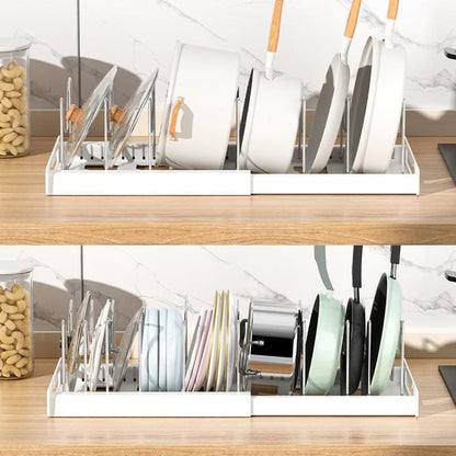 【Tik Tok Top Seller】Expandable Pot and Pan Organizer Rack for Cabinet, Pot Lid Organizer Holder With7 Stainless Steel Adjustable Dividers for Kitchen Cabinet Organizer and Storage , Ideal for Baking Pans,(White, Grey)Foldable Design,Gifts for Mom