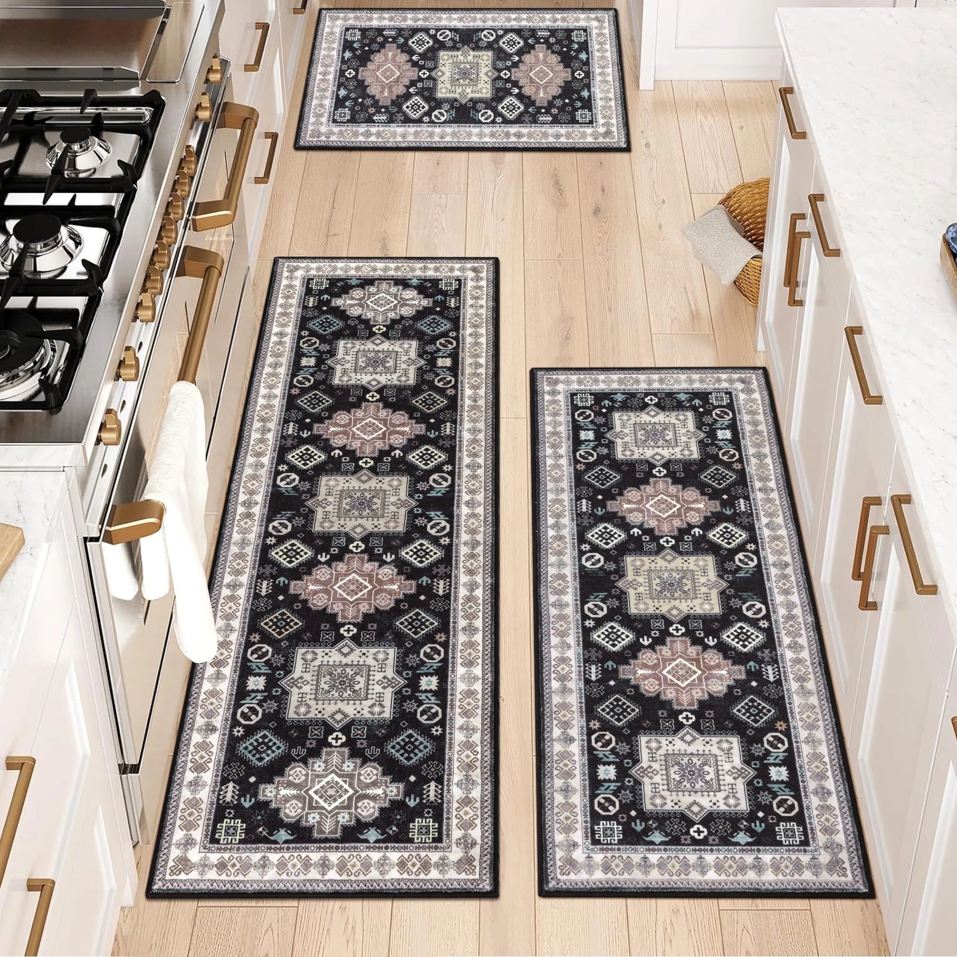 3 Pieces Boho Kitchen Rug Sets Non Slip Soft Kitchen Mat Floor Mat for Kitchen, Laundry Room and Hallway