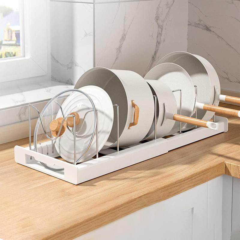 【Tik Tok Top Seller】Expandable Pot and Pan Organizer Rack for Cabinet, Pot Lid Organizer Holder With7 Stainless Steel Adjustable Dividers for Kitchen Cabinet Organizer and Storage , Ideal for Baking Pans,(White, Grey)Foldable Design,Gifts for Mom