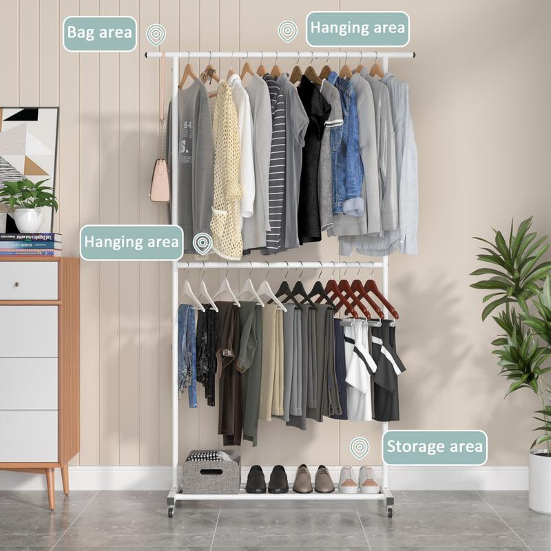 UDEAR Double Rod Clothing Garment Rack, Rolling Clothes Organizer on Wheels for Hanging Clothes