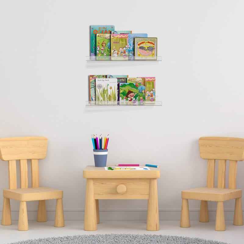 Upsimples Clear Acrylic Shelves for Storage, 15" Floating Shelves Wall Mounted, Decor Pack for Kids Bookshelf Display Ledge Shelves