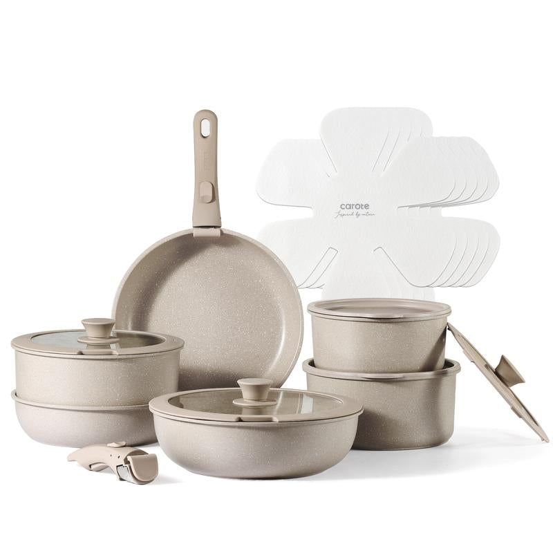 【Clearance-The Last Chance】 CAROTE 11/18Pcs Detachable Handle Nonstick Cookware Set, White/Black/Red, Pots and Pans, Oven Safe Frying Pan