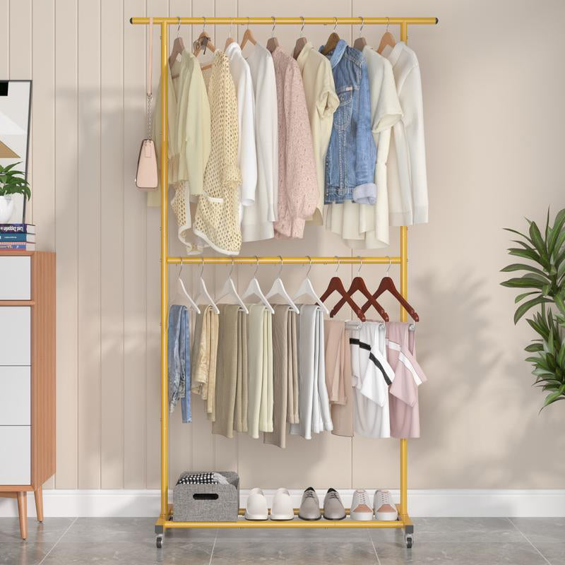 UDEAR Double Rod Clothing Garment Rack, Rolling Clothes Organizer on Wheels for Hanging Clothes