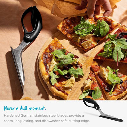 Scizza Pizza Scissors with German Stainless Steel Blade and Protective Spatula - Pizza Cutter Safe for Non-Stick Pans and Pizza Stones - Perfect for Deep Dish, Thick Crusts, Thin and Crispy, Dreamfarm Kitchen Gadgets and Utensils