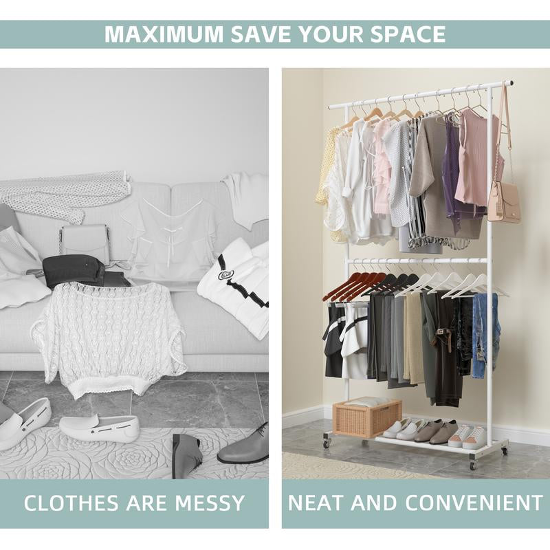 UDEAR Double Rod Clothing Garment Rack, Rolling Clothes Organizer on Wheels for Hanging Clothes