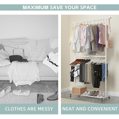 UDEAR Double Rod Clothing Garment Rack, Rolling Clothes Organizer on Wheels for Hanging Clothes